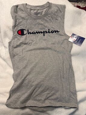 Champion Light Gray Crewneck Tee with Navy & Red Logo